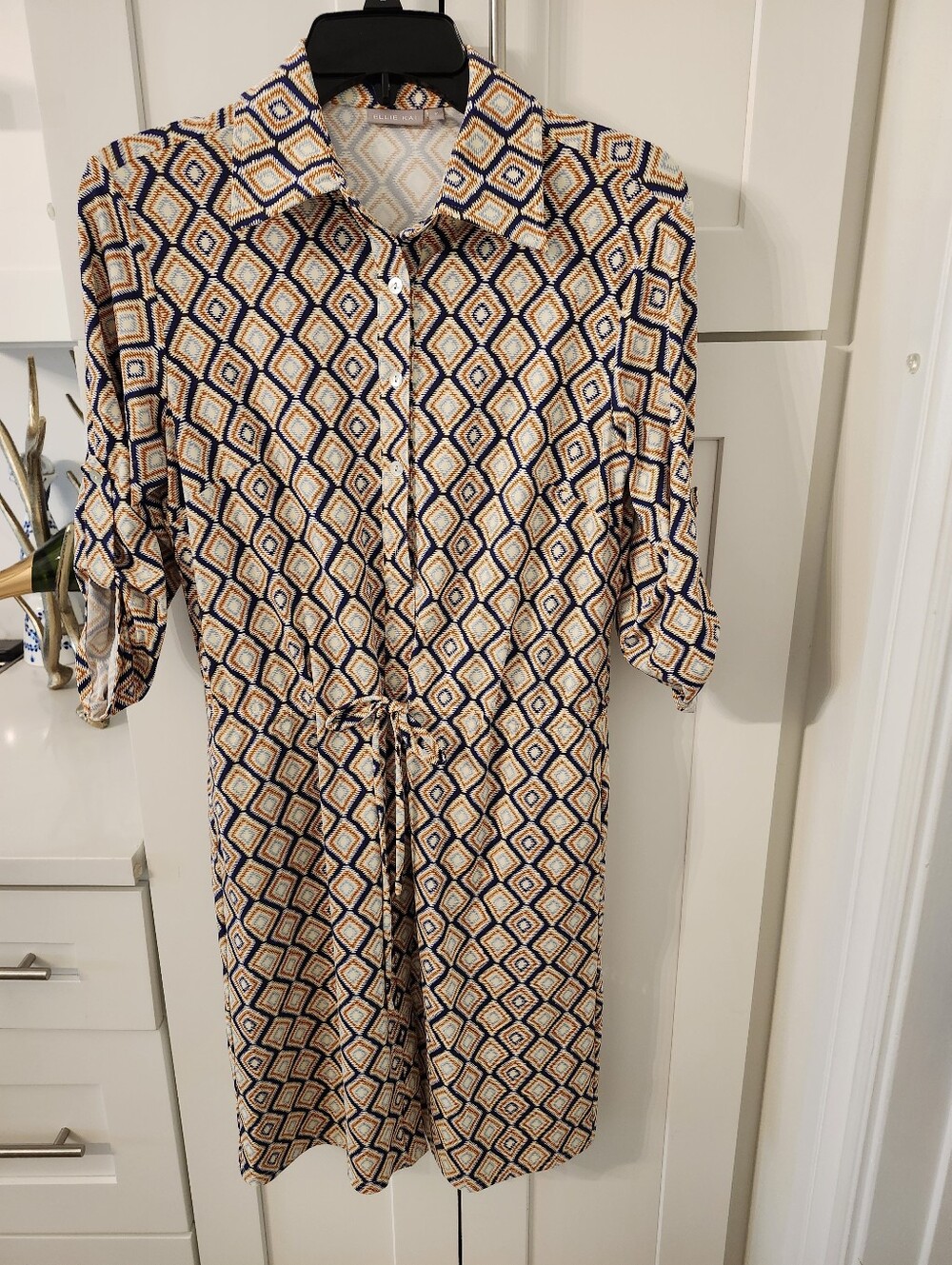 Ellie Kai Geometric Print Shirt Dress in Navy and Cream